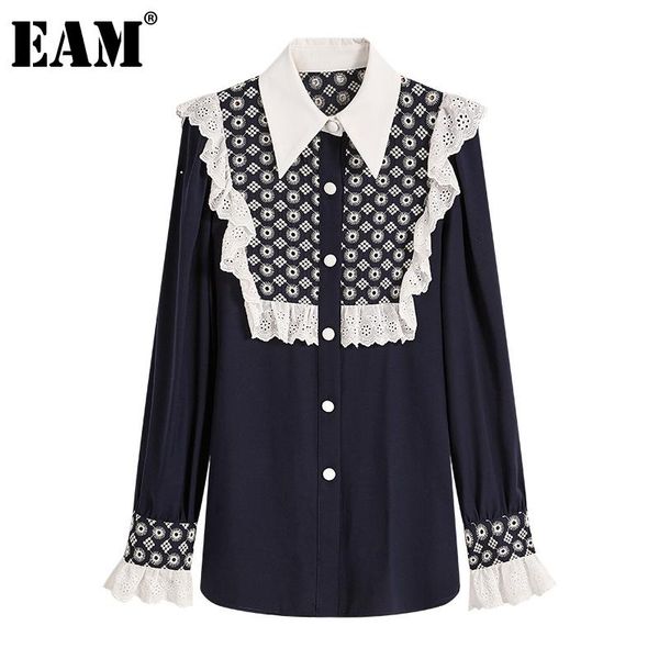 

eam] женщины dark blue ruffles большой размер блуза новая подставка воротник с длинным рукавом сыпучие fit рубашка мода весна-лето 2020 1z3, White