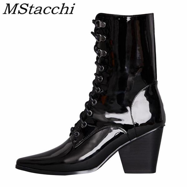 

mstacchi cross-tied patent leather women short boots pointed crude heel 2020 fashion casual madam shoes basket femme chaussure, Black