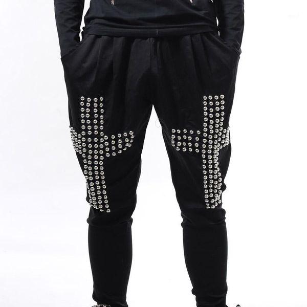 

men's pants 28-42 2021 fashion hiphop dj clothes bloomers male stage costume cross rivets harem pants1, Black