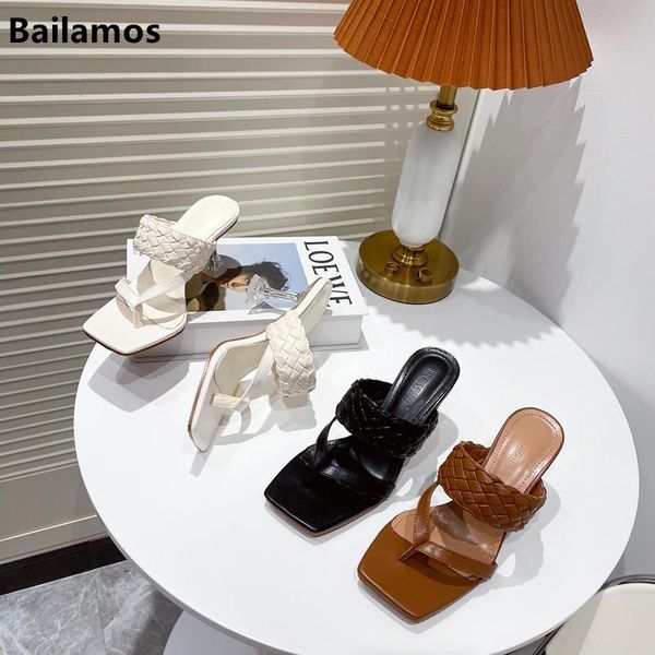 

bailamos 2021 spring summer high-heeled woven sandals flip flops female stiletto all-match casual slippers, Black
