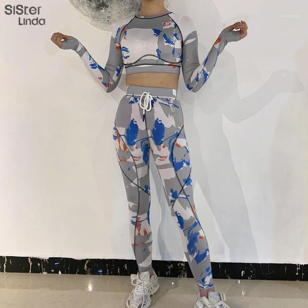 

sisterlinda patchwork tracksuit two piece workout activewear set women outfits long sleeve crop sporty legging matching suit1, Gray