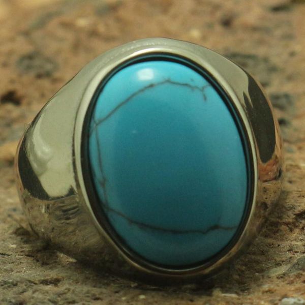 

cluster rings cool big blue stone ring 316l stainless steel black rock party gift, Golden;silver