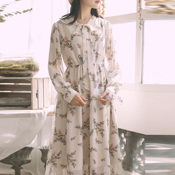 

vintage floral print boho dress women casual long sleeve spring chic party dress high waist work wear office lady @f40, Black;gray