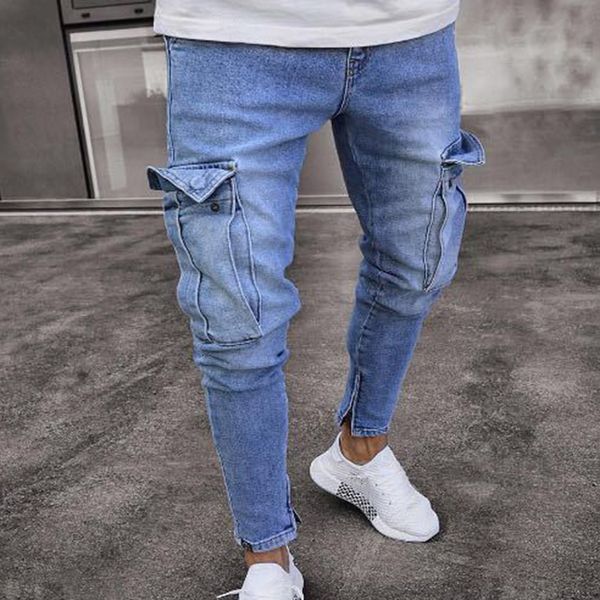 

men's jeans elastic trend knee hole zipper leg pants, Blue