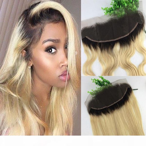 

13x4 brazilian lace frontal closure ombre 1b 613 blonde human virgin hair straight body wave bleached knots part, Black