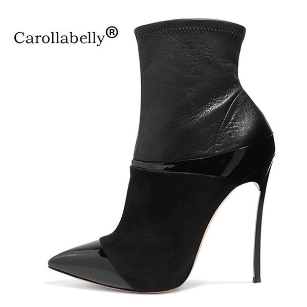 

carollabelly ankle boots women pointed toe high heel shoes woman winter boots 10cm or 12cm black motorcycle