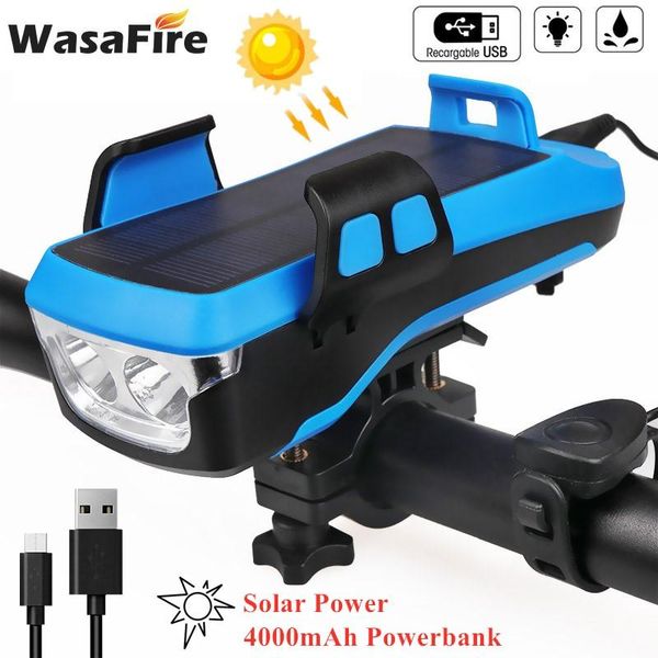 

4 in 1 bicycle light solar powered usb recharegable bike horn lamp 4000mah power bank phone holder cycling headlight