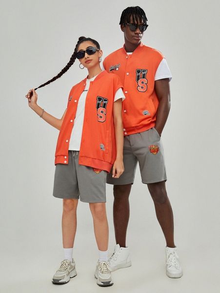 

1pc letter graphic button front jacket f7xh#, Black;brown