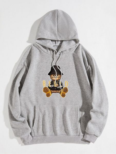 

bear & letter graphic kangaroo pocket drawstring thermal hoodie w3l0#, White;black