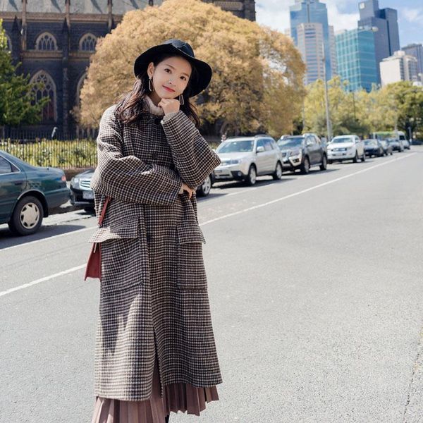 

2021 european style autumn winter womens wool coat blend thicken woolen long coats women long sleeve slim jacket female outwear, Black