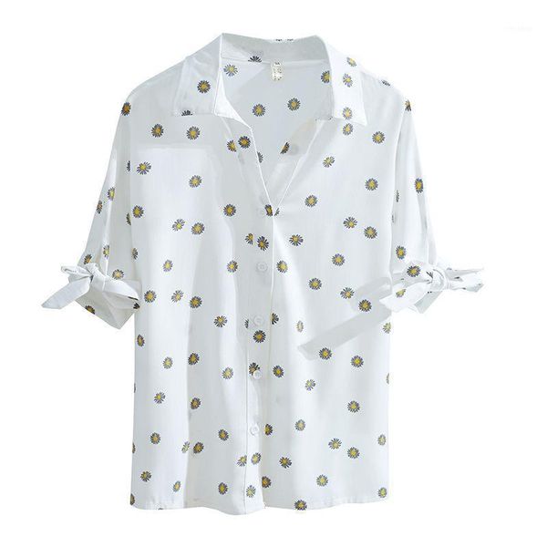 

women spring summer style chiffon blouses shirts lady casual half sleeve daisy printed blusas zz03971, White