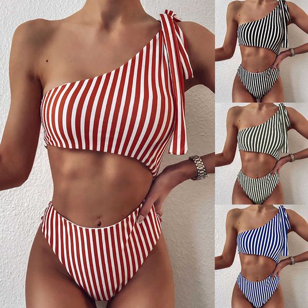 

#h30 off shoulder high waist women's swimwear stripe single knot bikini set swimsuit beachwear bathing suit, White;black