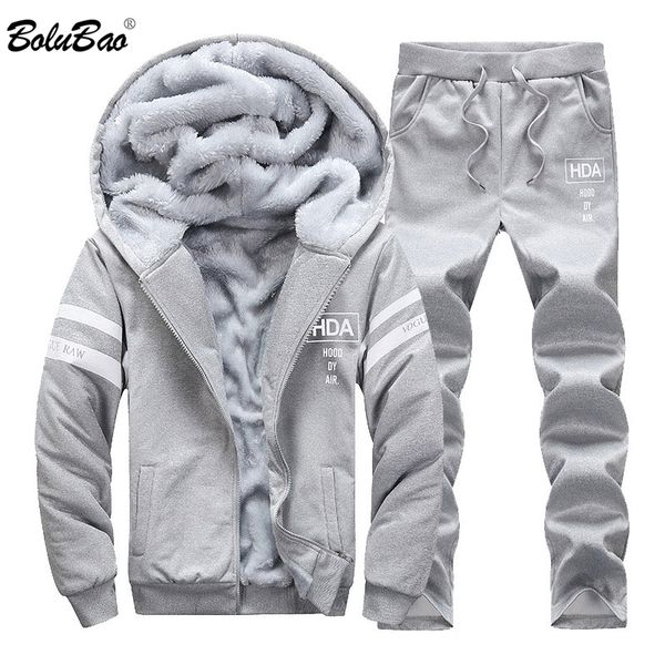 

bolubao sporting men winter track suits sets men's warm hooded sportswear lined thick tracksuit 2pcs jacket + pant set male 201201, Gray