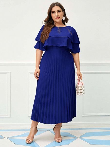 

plus floral embroidered ruffle trim pleated dress t6rd#, Black