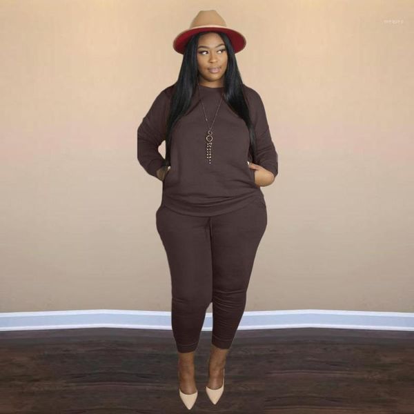 

women autumn winter casual plus size 4xl solid color o-neck long sleeve two piece pants set waf-71161, Gray