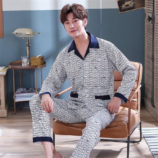 

men pyjama set cotton spring long sleeve plaid men pajama suit nightwear collar pijama male sleepwear two piece xxxl1, Black;brown