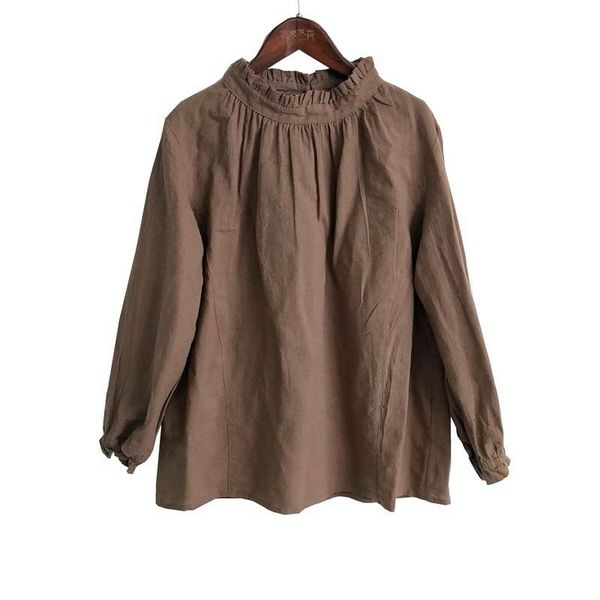 

women's t-shirt johnature women cotton linen t-shirts sweet 2021 spring vintage turtleneck long sleeve solid color casual, White