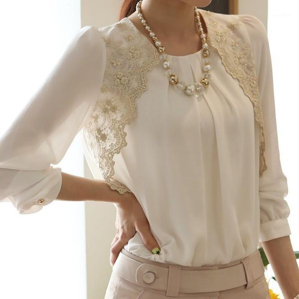 

women's blouses & shirts women loose chiffon blouse feminine lace embroidery patchwork o-neck shirt female long sleeve office plus siz, White