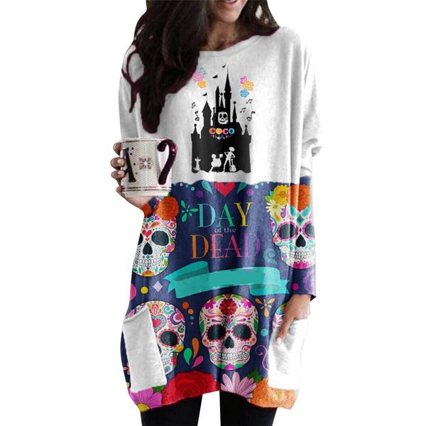 

o-neck long sleeve halloween theme print loose casual dress women autumn winter pocket long plus size 5xl ladies dresses 201125, Black;gray