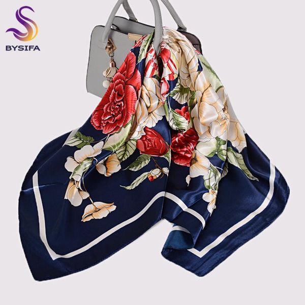 

[bysifa] women silk scarf shawl printed chinese rose navy blue red square scarves 90*90cm fashion accessories headscarves hijabs, Blue;gray