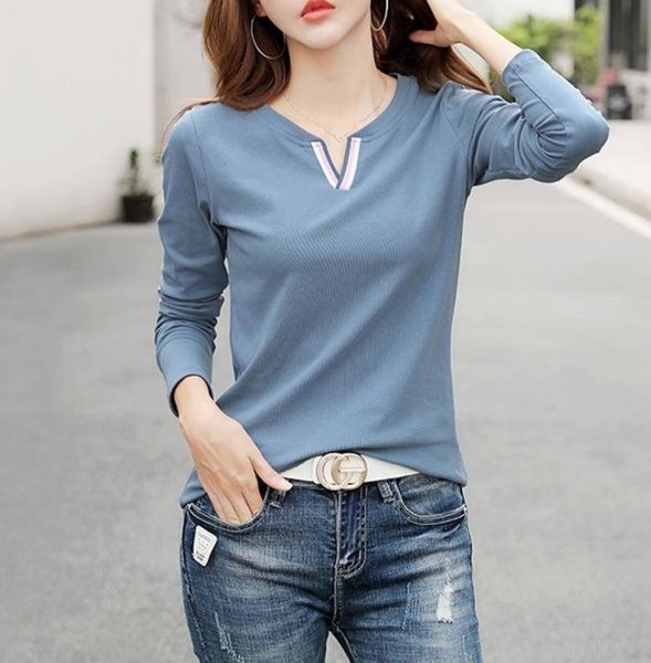 

vy1do autumn 2020 new sleeve twomen's loose tshirt v-neck korean versatile bottoming color solid shirt large long rzlik, White