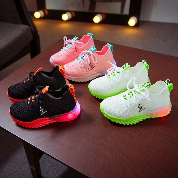 

new children luminous boys girls letter run sneakers casual fashion kids mesh sport girl led light shoes, Black;red