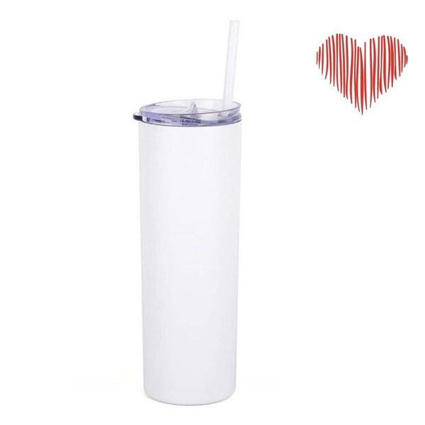 Edelstahlbecher, weiß, 590 ml, Sublimation, gerader Becher, leer, transparente Kunststoff-Strohbecher, hält warmes Wasser im Freien N2