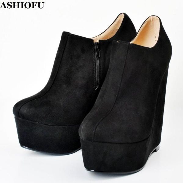 

ashiofu women wadge heel pumps faux-suede platform party dress shoes real ps evening fashion court pumps shoes1, Black
