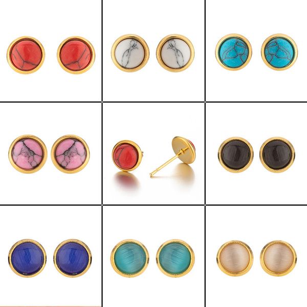 

simple trendy round beads natural stone stud earrings multicolor color cute turquoise stone ear jewelry for women earring gift, Golden;silver