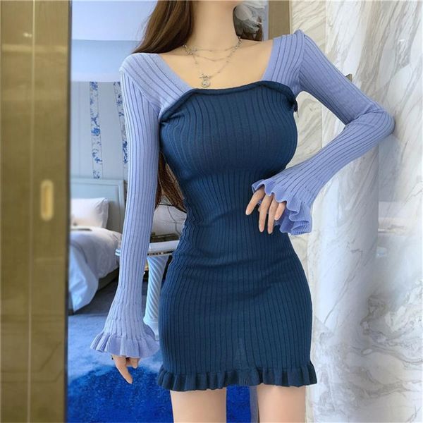

korean style ruffle knitted dress autumn winter slim sheath sweater dress short underdress vestidos robe femme, Black;gray