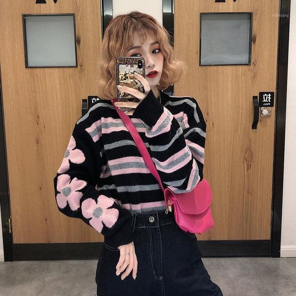 

women's sweaters 2021 spring and autumn korean loose wild striped round neck shirt pullover long sleeve sweater women1, White;black