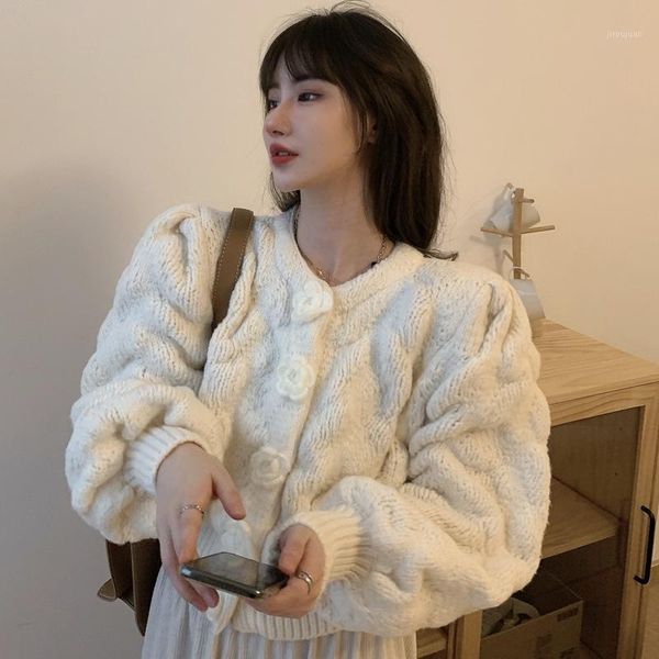 

autumn winter casual cardigan women loose puff sleeve floral round collar sweater female warm cropped knitted ladies y5641, White;black