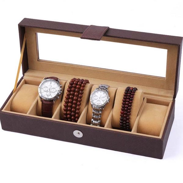 

6 grids bracelet watch box khaki magnet buckle table box to storage display boxes pvc transparent window dustproof, Pink;blue