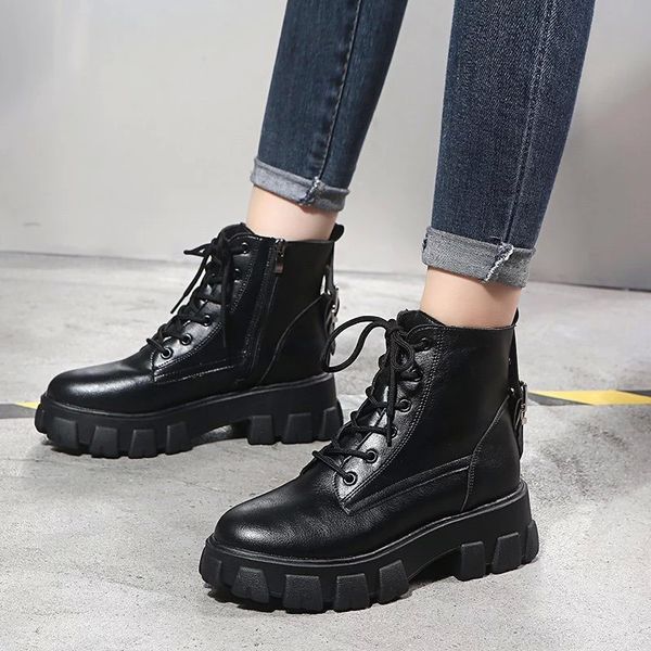

winter boots women 2020 increase chunky shoes women pu thick bottom platform boots fashion motorcycle botas lace-up ankle #ya1o, Black