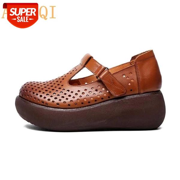 

aiyuqi women sandals platform wedges shoes 2020 new genuine leather women sandals thick bottom vintage,women flat casual #au0w, Black
