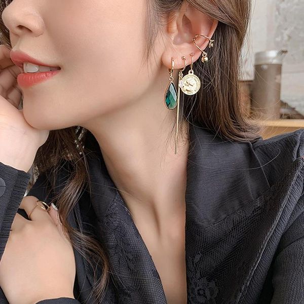 

anesoa five piece set ear clip type green/red crystal ear buckle no hole female temperament cool design simple earrings set, Silver