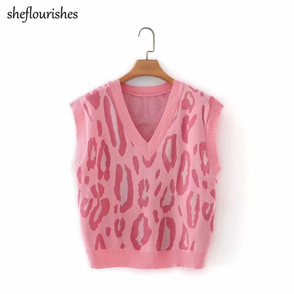 

women's sweaters fall sweater women 2021 knitted vest sleeveless casual pullover vintage leopard pink v neck blue purple, White;black