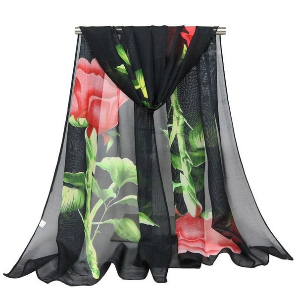 

fashion new chiffon silk scarf one rose flower printing women summer long scarves thin beachwear women shawls bandana 160*50cm, Blue;gray