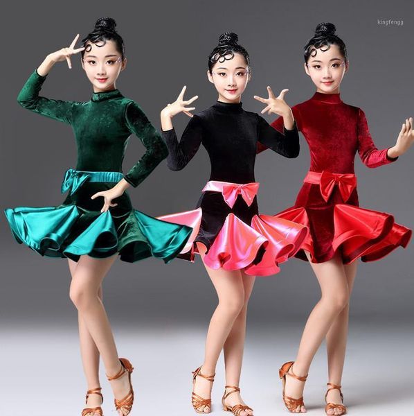 

2021 girls latin dresses for dancing ballroom dance dress rumba samba velvet children samba cha cha tango skirt standard salsa1, Black;red