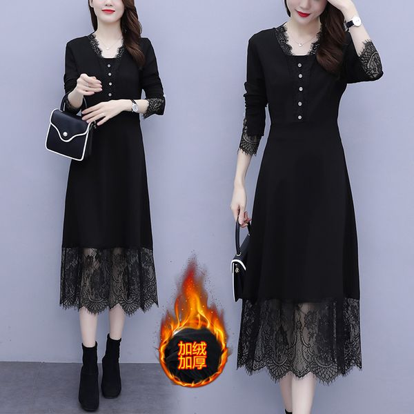 

womens thermal loop plus size dress keeping warm winter casual thin sleeves party dresses loose zkhz, Black;gray