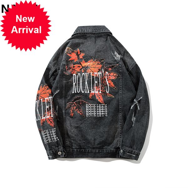 

2020 streetwear jeans distressed man's torn vintage maple leaf printed hip embroidered rapper rock denim jacket uodl, Black;brown