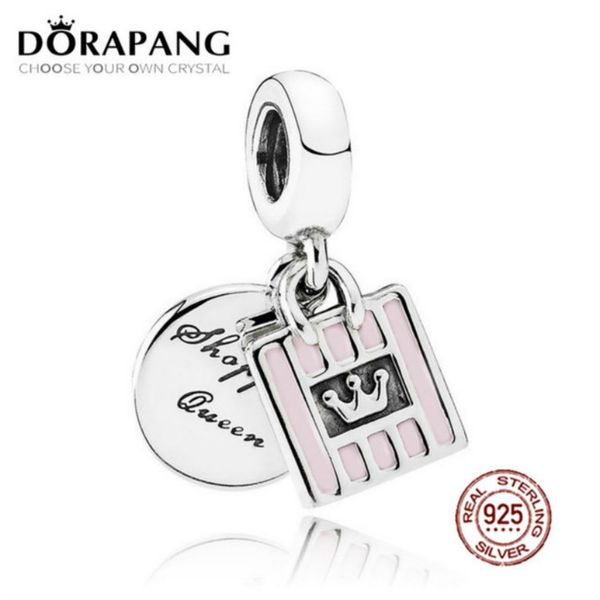

2021 new 100% 925 sterling silver shopping queen dangle charm soft pink enamel pendant bead for mother gift bracelet diy, Black