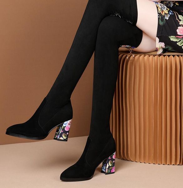 

2020 new over the knee thick heel stretch boots fashion high heel black boots