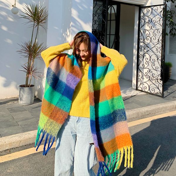 

autumn and winter new colorful rainbow scarf korean hoop yarn lattice oversized women's shawl for warmth, Blue;gray