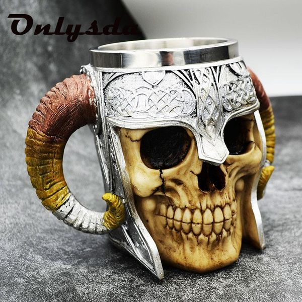 

stainless steel skull mug viking ram horned pit lord warrior beer stein tankard coffee mug tea cup halloween bar drinkware gift wmtjtl, Bronze;silver