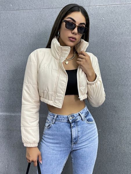 

zip up crop puffer coat p60f#, Black