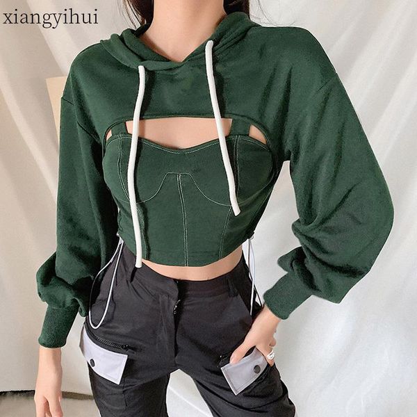 

winter green vintage fake two-piece hooded sweatshirts womens 2020 new fashion casual strapless long-sleeved crop, Black