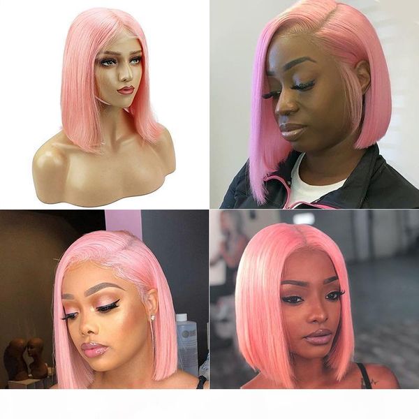 

full lace wigs human hair with baby hairs virgin pink color bleached knots preplucked hairline bob pink lace front wig for white women, Black;brown