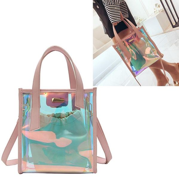 

new women bucket bag pvc shoulder bag hologram laser handbag jelly transparent totes pink
