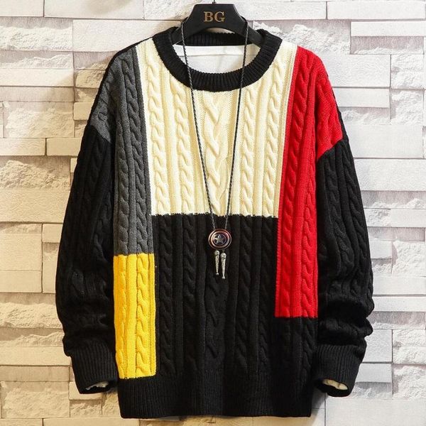 

autumn and winter contrast sweater men's tide brand hong kong style loose sweater fat korean style trendy, White;black